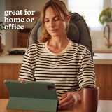 Close up view of a woman enjoying ultimate versality with her Homedics Total Recline Shiatsu Massage Cushion. Great for home and office.