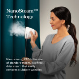 White | Nano steam, 1/20th the size of standard steam, is a finer, drier steam that easily removes stubborn wrinkles