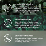 eucalyptus benefits-Refreshing, uplifting aroma helps clear the mind & create a sense of calm. It's known for promoting relaxation & enhancing breathing ambience.
menthol benefits-Cool, refreshing sensation helps revitalize & uplift. Its crisp, invigorating aroma promotes alertness & clarity, making it ideal for boosting focus.
unscented benefits-Neutral base for custom blends, perfect for fragrance-sensitive use and enhancing other oils