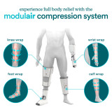 A graphical presentation of full body relief with the Modulair Compression System: Calf Wrap, Foot Wrap, Wrist Wrap, Knee Wrap.