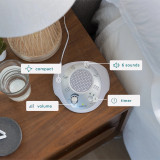 image shows SoundSpa® Sound Machine is compact, volume, 6 sounds, timer